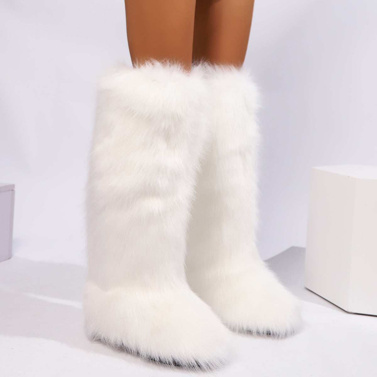 Women winter anti-skid flat heel faux fur knee high snow boots