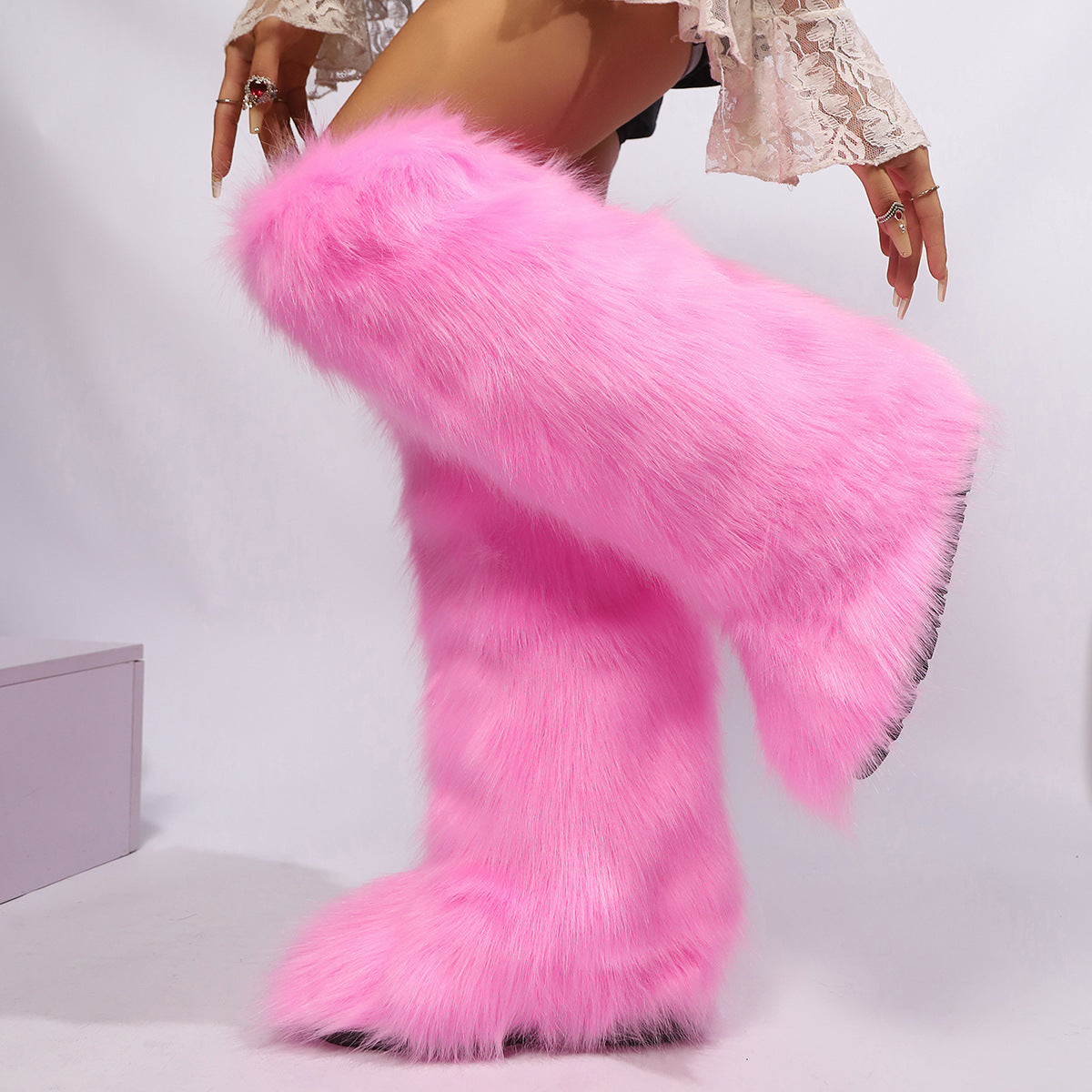 pink Women winter anti-skid flat heel faux fur knee high snow boots
