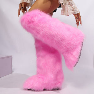 pink Women winter anti-skid flat heel faux fur knee high snow boots