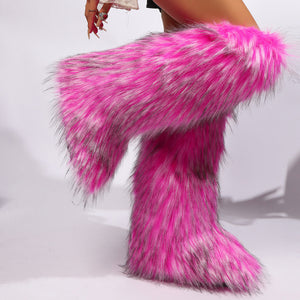 Women winter anti-skid flat heel faux fur knee high snow boots