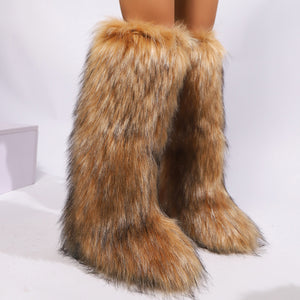 Women winter anti-skid flat heel faux fur knee high snow boots