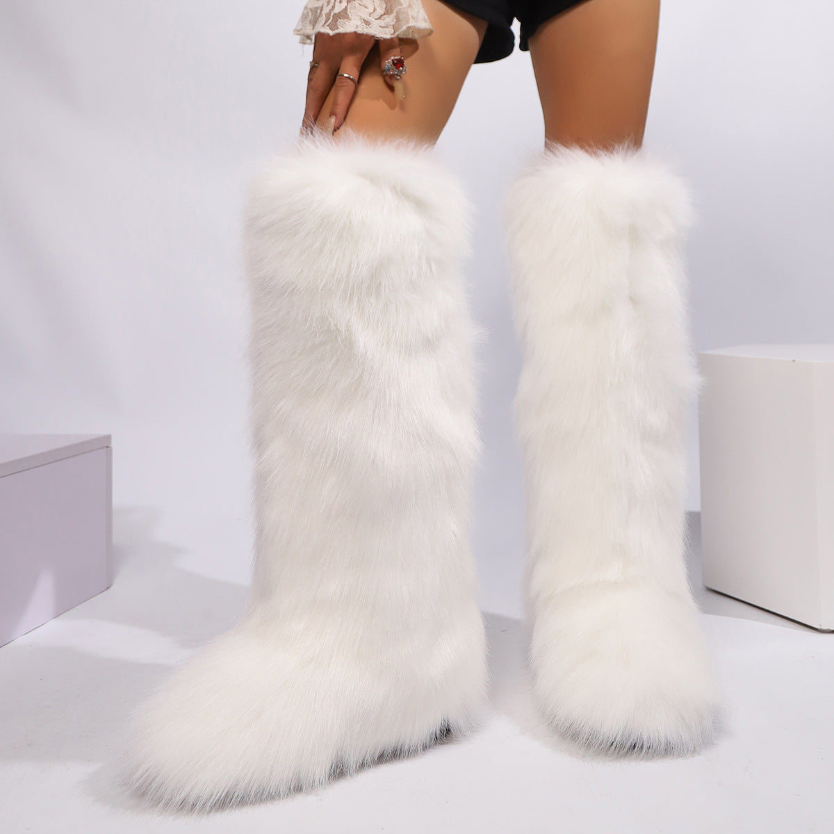 Women winter anti-skid flat heel faux fur knee high snow boots