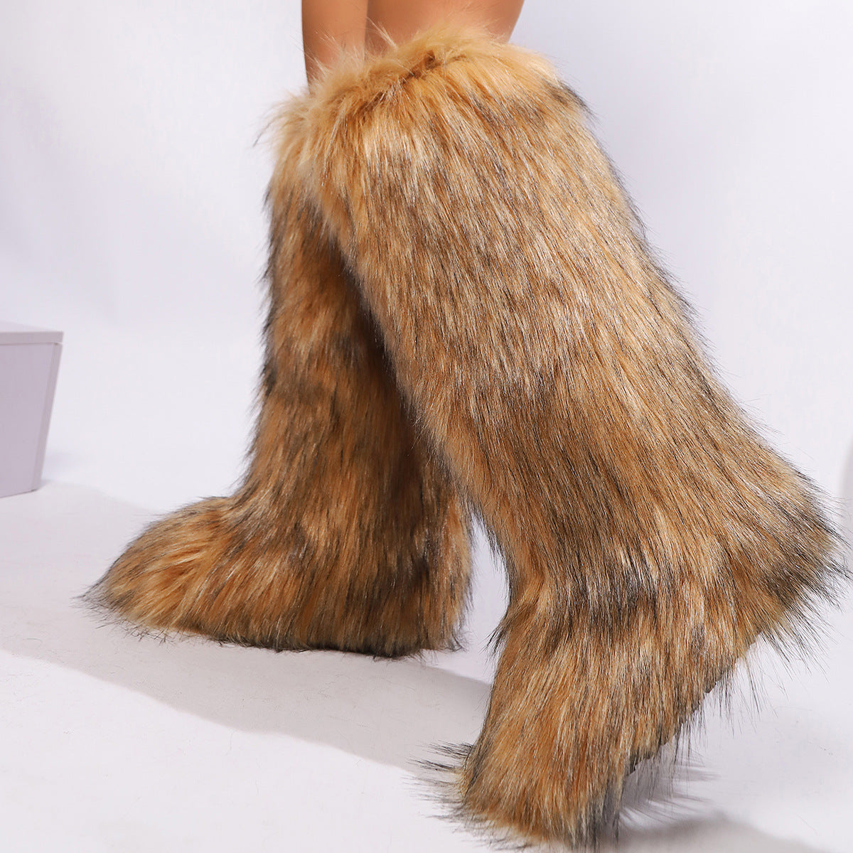 brown Women winter anti-skid flat heel faux fur knee high snow boots