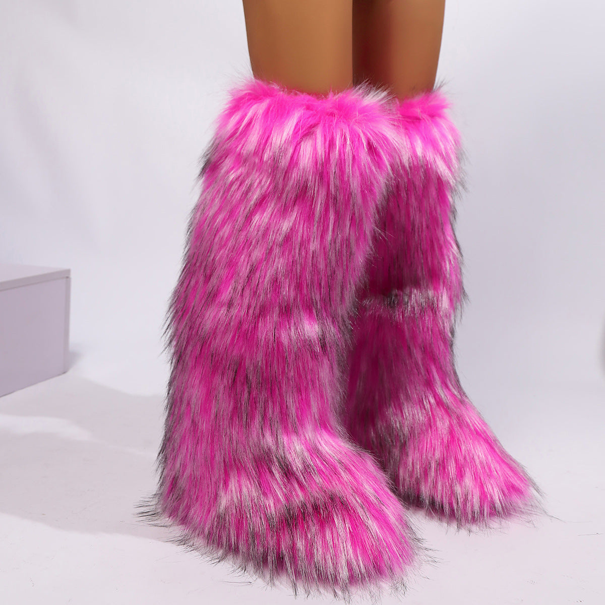 fuchsia Women winter anti-skid flat heel faux fur knee high snow boots