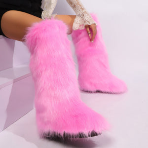 Women winter anti-skid flat heel faux fur knee high snow boots