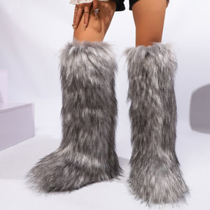 gray Women winter anti-skid flat heel faux fur knee high snow boots
