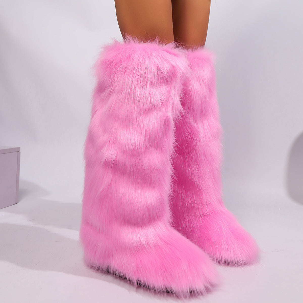 pink Women winter anti-skid flat heel faux fur knee high snow boots