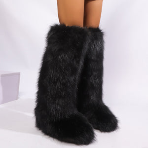 black Women winter anti-skid flat heel faux fur knee high snow boots