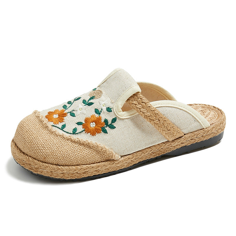 Woven braided vintage flower embroidery mules for summer vacation