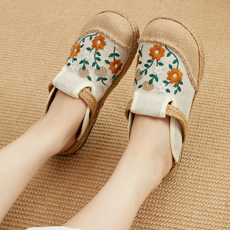 Woven braided vintage flower embroidery mules for summer vacation