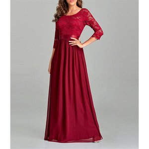 Burgundy floral lace patchwork half sleeves A line large swing flare dress | Spring summer cocktail party long dress evening gowns