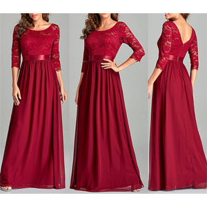 Burgundy floral lace patchwork half sleeves A line large swing flare dress | Spring summer cocktail party long dress evening gowns