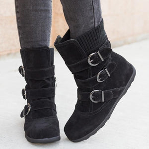 Faux suede mid calf buckle boots for women winter boots