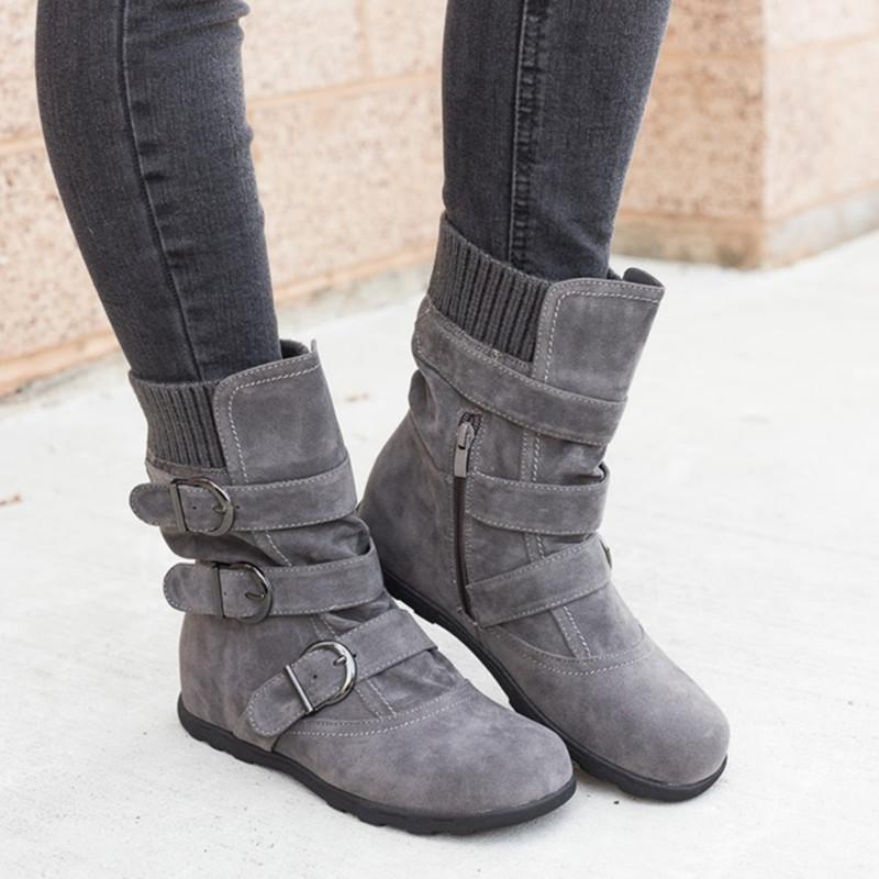 Faux suede mid calf buckle boots for women winter boots