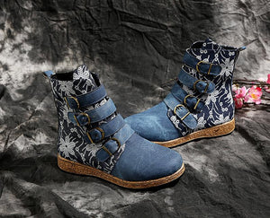 Women Floral Retro Folk Custom Buckle Strap Flat Heel Platform Ankle Boots