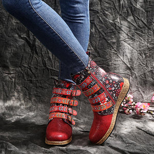 Women Floral Retro Folk Custom Buckle Strap Flat Heel Platform Ankle Boots