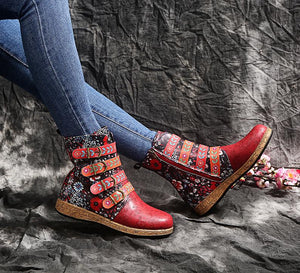 Women Floral Retro Folk Custom Buckle Strap Flat Heel Platform Ankle Boots