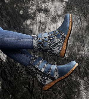 Women Floral Retro Folk Custom Buckle Strap Flat Heel Platform Ankle Boots