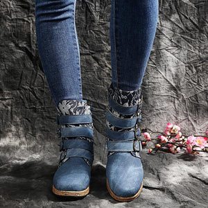 Women Floral Retro Folk Custom Buckle Strap Flat Heel Platform Ankle Boots