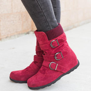 Faux suede mid calf buckle boots for women winter boots