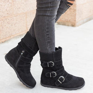 Faux suede mid calf buckle boots for women winter boots