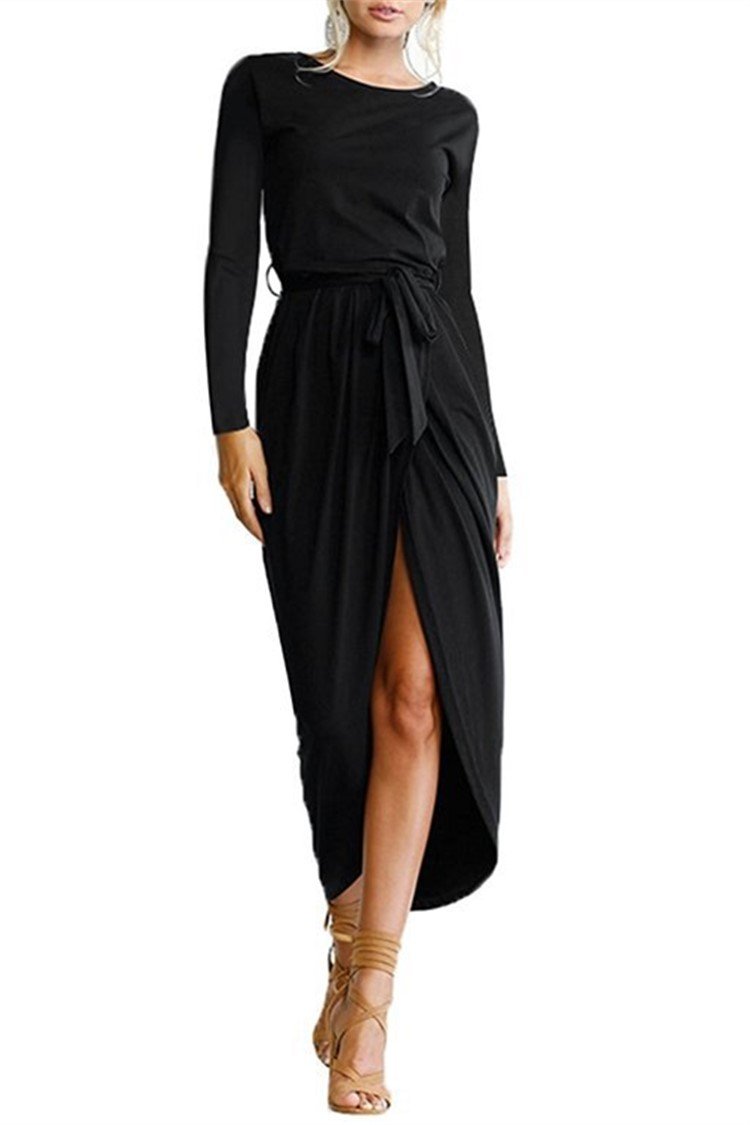 Long-sleeved Irregular Solid Fall Dress - GetComfyShoes