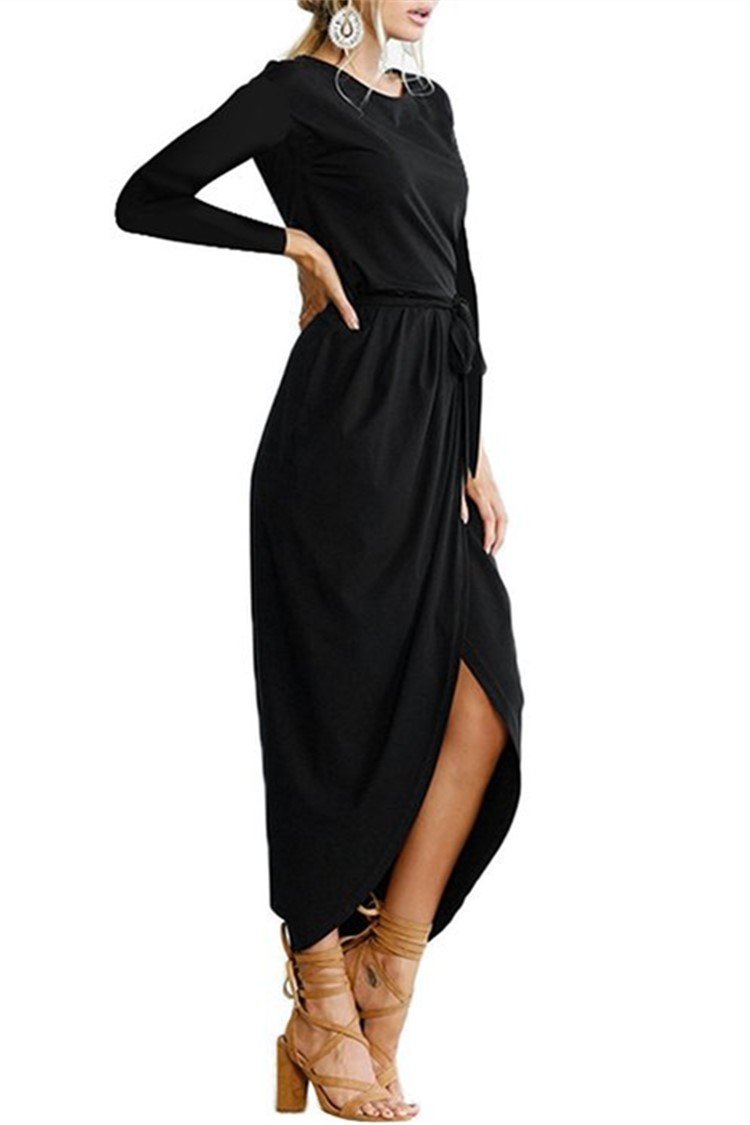 Long-sleeved Irregular Solid Fall Dress - GetComfyShoes