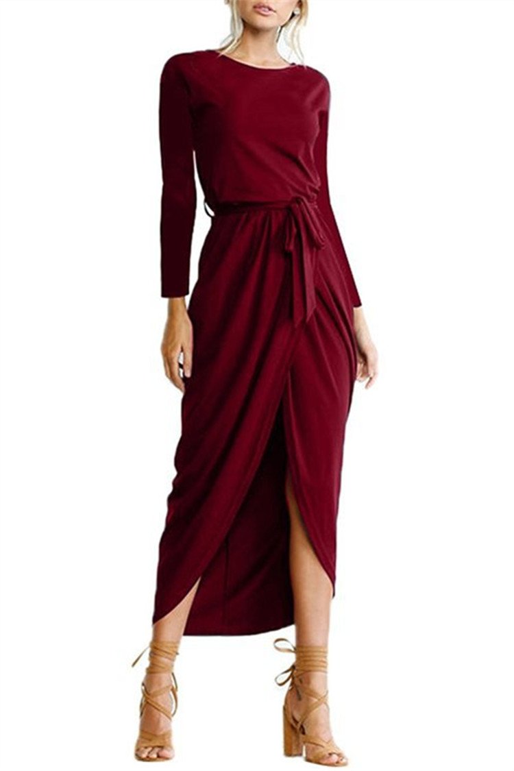 Long-sleeved Irregular Solid Fall Dress - GetComfyShoes