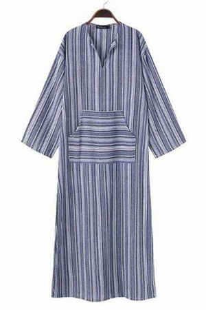 Stripe Pockets 3/4 Sleeves Maxi Shift Dress