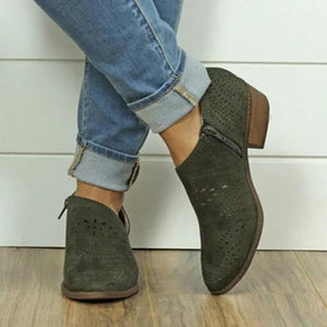 Summer hollowed pointed toe booties side cut out low heel ankle boots