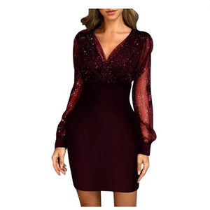 Lady's sexy sequins sheer mesh long sleeves mini pencil dress | v neck slimming party prom evening dress