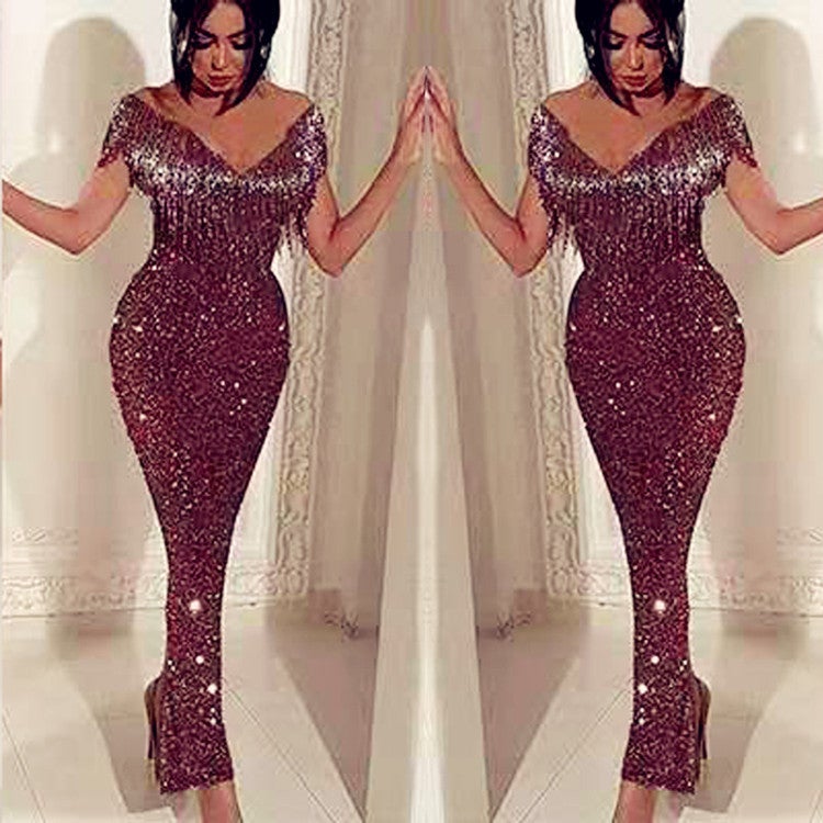 Sexy sequins tassels off the shoulder bodycon maxi dress | Bodycon dress party prom dress