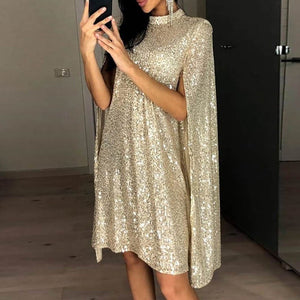 Silver gold sequins shining cape dress | long sleeves mini dress party prom dress