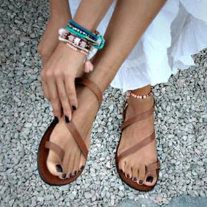 Fashion Toe Ring Flat Strappy Sandals For Women - GetComfyShoes