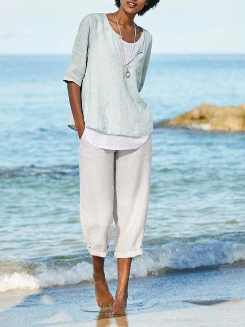 Summer Holiday Beach Blue Linen Pants Women