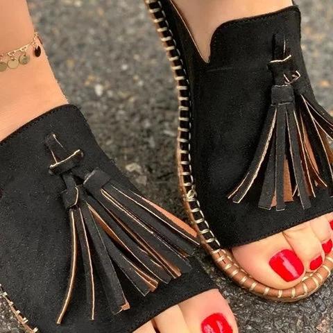 2019 New Chic Roman Tassel Flat Slides Sandals For Women - GetComfyShoes