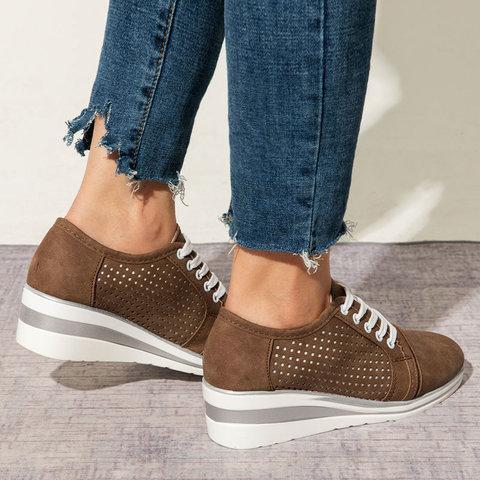 Women Fashion Lace Up Hollow Out Wedge Heel Sneakers - fashionshoeshouse