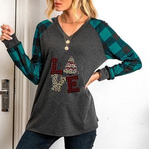 Women‘s V-neck  Christmas printed plaid long sleeve tops casual loose pullovers