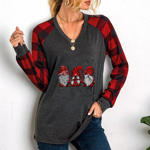 Women‘s V-neck  Christmas printed plaid long sleeve tops casual loose pullovers