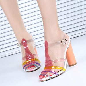 Women colorful peep toe ankle strap chunky clear heels
