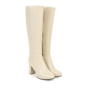 Women solid color side zipper chunky heel knee high boots