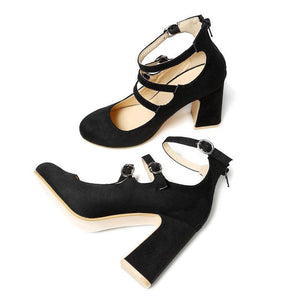Women round toe ankle strap chunky high heels