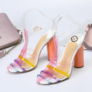 Women colorful peep toe ankle strap chunky clear heels