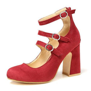 Women round toe ankle strap chunky high heels