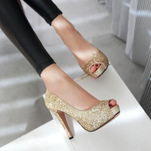 Women peep toe rhinestone glitter chunky high platform heels