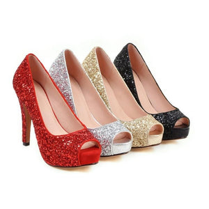 Women peep toe rhinestone glitter chunky high platform heels