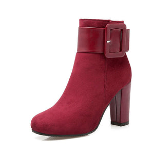 Women short buckle strap chunky high heel ankle boots