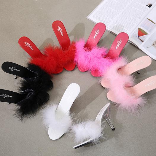Peep toe sexy fuzzy slide heels for party