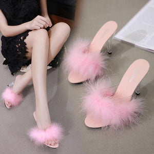Peep toe sexy fuzzy slide heels for party