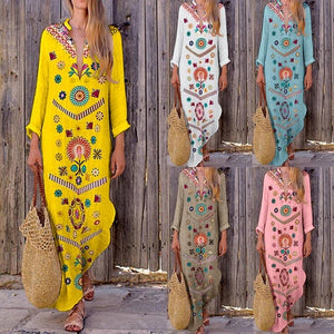 Boho Long Sleeve Sweet Floral Vacation Maxi Dresses - GetComfyShoes